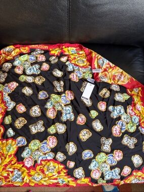Moschino Black Silk Scarf with Multicolor Teddy Bear and Red-Gold Border